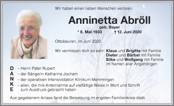 Traueranzeige von Anninetta Abröll von Memminger Zeitung