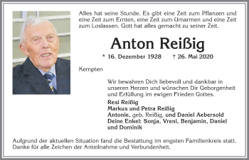 Traueranzeige von Anton Reißig von Allgäuer Zeitung,Kempten