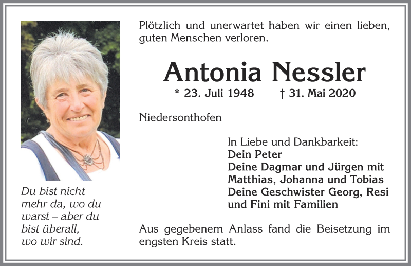  Traueranzeige für Antonia Nessler vom 13.06.2020 aus Allgäuer Zeitung