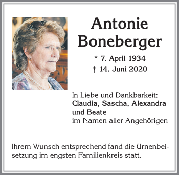Traueranzeige von Antonie Boneberger von Allgäuer Zeitung,Kempten
