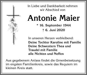 Traueranzeige von Antonie Maier von Allgäuer Zeitung,Kempten