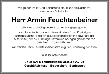 Traueranzeige von Armin Feuchtenbeiner von Allgäuer Zeitung, Kaufbeuren/Buchloe