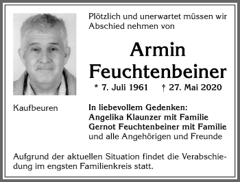 Traueranzeige von Armin Feuchtenbeiner von Allgäuer Zeitung, Kaufbeuren/Buchloe