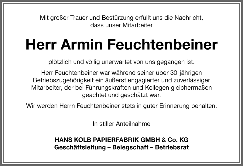  Traueranzeige für Armin Feuchtenbeiner vom 12.06.2020 aus Allgäuer Zeitung, Kaufbeuren/Buchloe