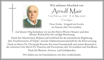 Traueranzeige von Arnulf Mair von Allgäuer Zeitung, Füssen