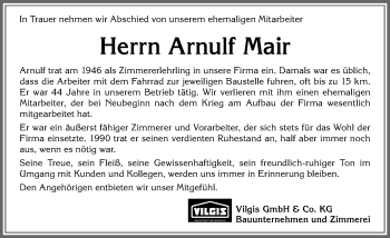 Traueranzeige von Arnulf Mair von Allgäuer Zeitung, Füssen