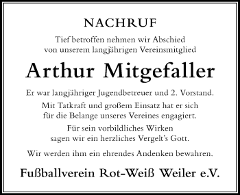 Traueranzeige von Arthur Mitgefaller von Der Westallgäuer