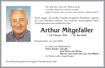 Traueranzeige von Arthur Mitgefaller von Allgäuer Zeitung