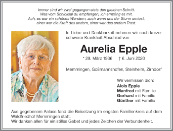 Traueranzeige von Aurelia Epple von Memminger Zeitung