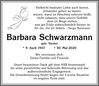 Traueranzeige von Barbara Schwarzmann von Allgäuer Anzeigeblatt