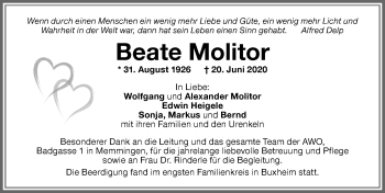 Traueranzeige von Beate Molitor von Memminger Zeitung