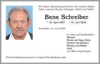Traueranzeige von Bene Schreiber von Allgäuer Anzeigeblatt