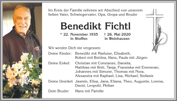 Traueranzeige von Benedikt Fichtl von Allgäuer Zeitung, Kaufbeuren/Buchloe