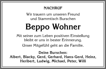 Traueranzeige von Beppo Wohner von Allgäuer Anzeigeblatt