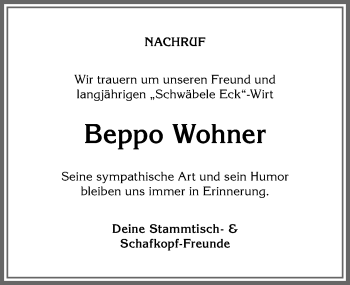 Traueranzeige von Beppo Wohner von Allgäuer Anzeigeblatt