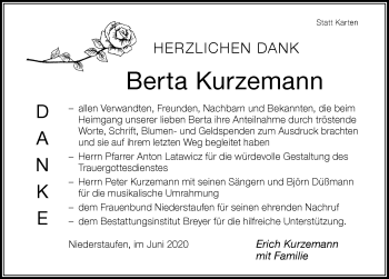 Traueranzeige von Berta Kurzemann von Der Westallgäuer