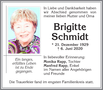 Traueranzeige von Brigitte Schmidt von Allgäuer Zeitung,Kempten