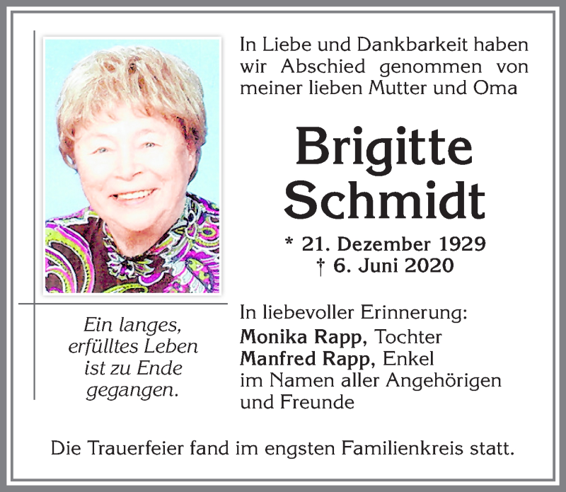  Traueranzeige für Brigitte Schmidt vom 20.06.2020 aus Allgäuer Zeitung,Kempten