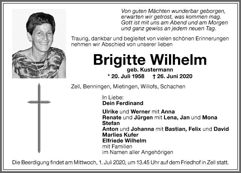  Traueranzeige für Brigitte Wilhelm vom 30.06.2020 aus Memminger Zeitung