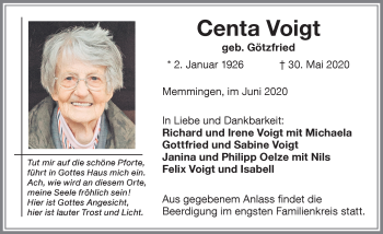 Traueranzeige von Centa Voigt von Memminger Zeitung