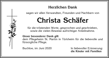 Traueranzeige von Christa Schäfer von Allgäuer Zeitung, Kaufbeuren/Buchloe