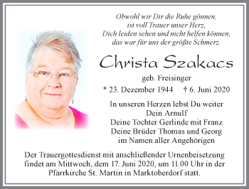 Traueranzeige von Christa Szakacs von Allgäuer Zeitung, Marktoberdorf