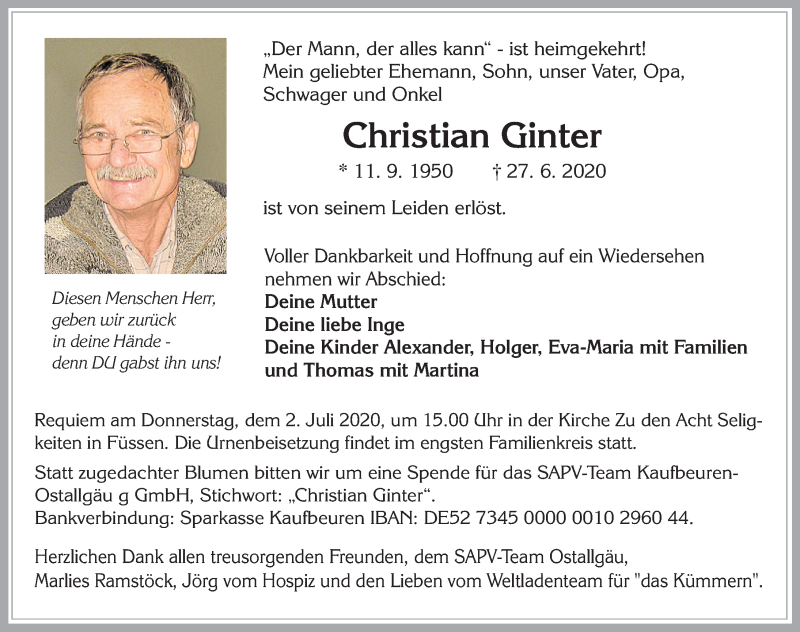  Traueranzeige für Christian Ginter vom 30.06.2020 aus Allgäuer Zeitung, Füssen