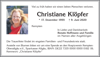 Traueranzeige von Christiane Klöpfer von Allgäuer Zeitung,Kempten