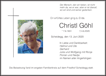 Traueranzeige von Christl Göhl von Der Westallgäuer