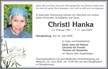 Traueranzeige von Christl Hanka von Allgäuer Zeitung, Marktoberdorf