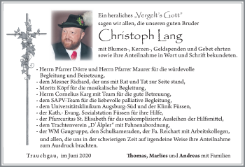 Traueranzeige von Christoph Lang von Allgäuer Zeitung, Füssen