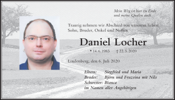 Traueranzeige von Daniel Locher von Der Westallgäuer
