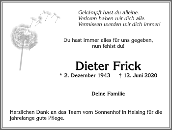 Traueranzeige von Dieter Frick von Allgäuer Zeitung,Kempten
