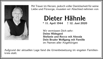 Traueranzeige von Dieter Hähnle von Allgäuer Zeitung,Kempten