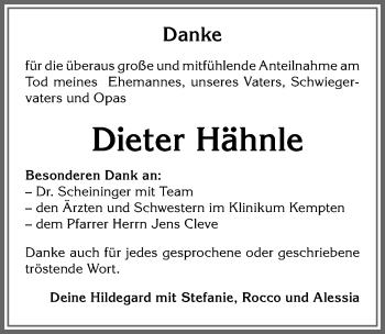 Traueranzeige von Dieter Hähnle von Allgäuer Zeitung,Kempten