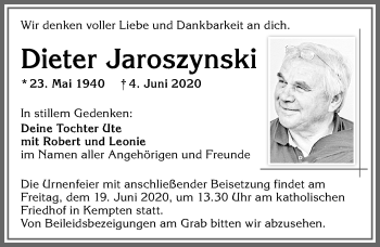 Traueranzeige von Dieter Jaroszynski von Allgäuer Zeitung,Kempten