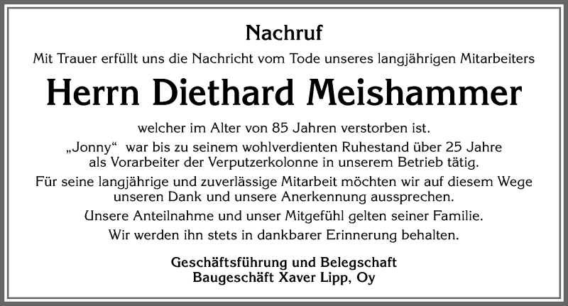  Traueranzeige für Diethard Meishammer vom 13.06.2020 aus Allgäuer Zeitung,Kempten