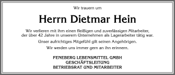Traueranzeige von Dietmar Hein von Allgäuer Zeitung,Kempten