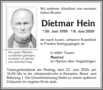 Traueranzeige von Dietmar Hein von Allgäuer Zeitung,Kempten