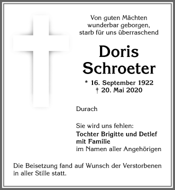 Traueranzeige von Doris Schroeter von Allgäuer Zeitung,Kempten