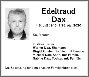 Traueranzeige von Edeltraud Dax von Allgäuer Zeitung, Kaufbeuren/Buchloe