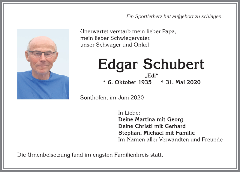  Traueranzeige für Edgar Schubert vom 20.06.2020 aus Allgäuer Anzeigeblatt