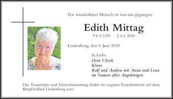 Traueranzeige von Edith Mittag von Der Westallgäuer
