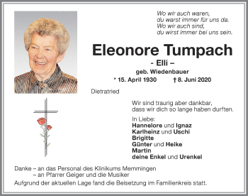 Traueranzeige von Eleonore Tumpach von Memminger Zeitung