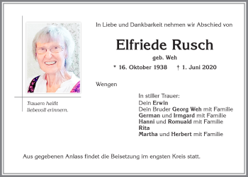 Traueranzeige von Elfriede Rusch von Allgäuer Zeitung,Kempten