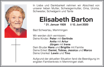 Traueranzeige von Elisabeth Barton von Memminger Zeitung