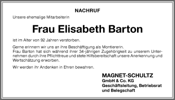 Traueranzeige von Elisabeth Barton von Memminger Zeitung