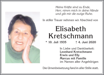 Traueranzeige von Elisabeth Kretschmann von Allgäuer Zeitung, Kaufbeuren/Buchloe