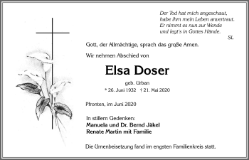 Traueranzeige von Elsa Doser von Allgäuer Zeitung, Füssen