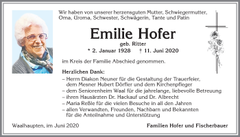 Traueranzeige von Emilie Hofer von Allgäuer Zeitung, Kaufbeuren/Buchloe